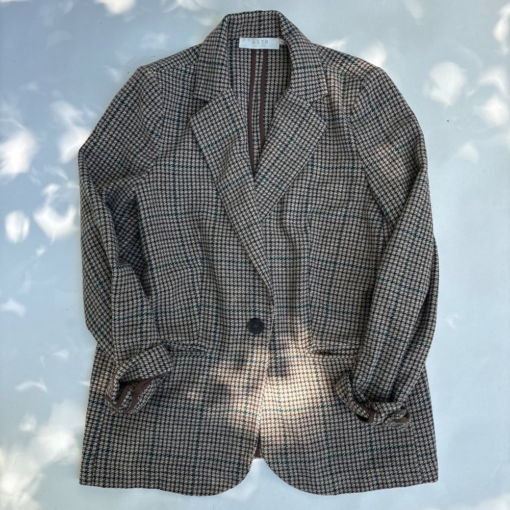 ASTR the Label Brown Houndstooth Plaid Single Button Blazer Womens Size Medium